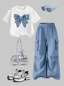 少女蝴蝶印花长袖上衣和工装裤套装 - 白色 - 查看 1