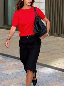 女士休闲纯色短袖针织上衣纯色毛衣针织上衣羊毛高领短袖套头毛衣女士基本款 T 恤，纯色宽松 T 恤，纯色运动上衣，汗衫柔软上衣，春夏秋