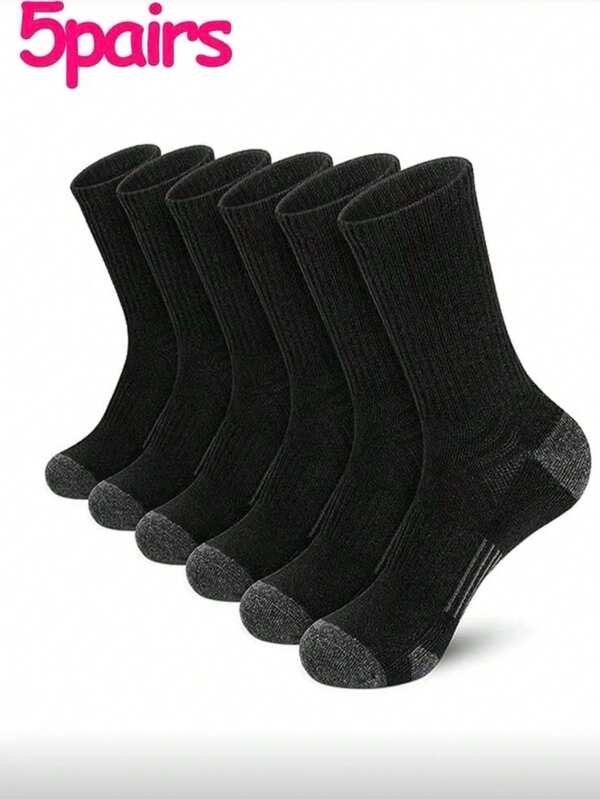 5 Pairs Black, White, Gray Crew Socks For Plus Size Men, Basketball Sports & Work Socks