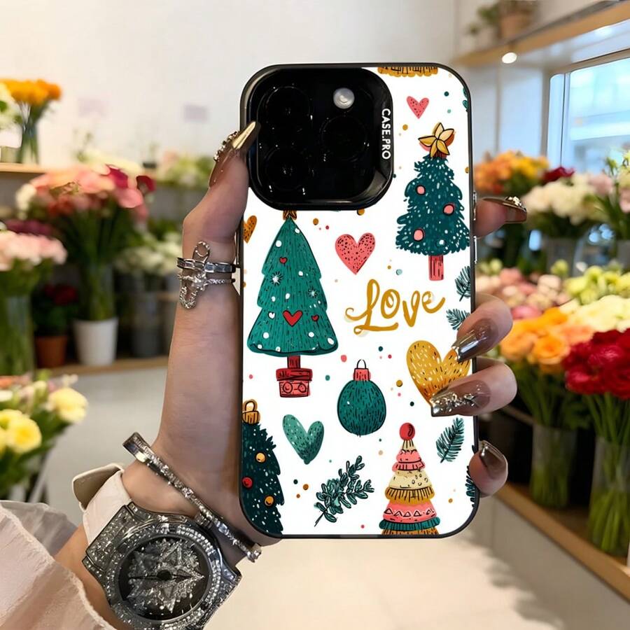 Cubierta de teléfono con diseño navideño blanco con árboles de navidad corazones bolas y texto Love para temporada festiva Aplicable a los teléfonos de la serie Apple y Galaxy - Negro - Ver 1