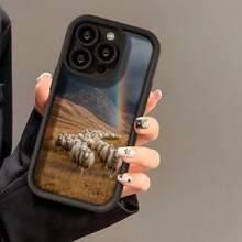 Cubierta de telefono con borde negro y diseño de ovejas en campo con arco iris para uso diario - Café integral - Ver 5