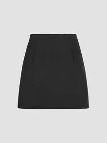 Women's High Waist Zipper Front Slit Mini Skirt - Black - View 4