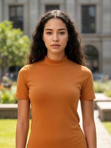 High-Neck, Short-Sleeved Cotton Knit Blouse - Camel - View 2