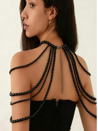 1pc Stylish Multi-Layer (Faux) Pearl Necklace & Shoulder Chain, Sexy Tassel Versatile Bikini Accessory, Handmade Body Chain, Elegant Design, Suitable For Summer Beach And Christmas
