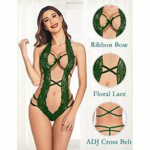 Women Deep V Halter Lingerie Teddy One Piece Bodysuit Lace Doll,31373468 - màu xanh lá - Xem 2