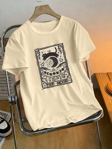 【“月亮”T恤】女士休闲“月亮”图案T恤|短袖圆领月亮星星设计春夏上衣宽松版型月亮主题服饰|星夜设计舒适圆领大码女上衣大码夏装丰满女士宽松T恤夏季上衣时尚上衣女上衣夏季上衣女士T恤衬衫夏季T恤 - 杏色 - 查看 1