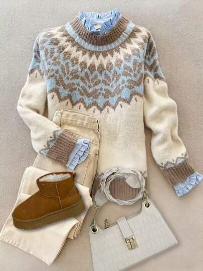 Suéter holgado de cuello redondo de manga larga de lana con estampado de Fair Isle para mujer, ropa de otoño e invierno, ropa de otoño para mujer, ropa de invierno para mujer, blusas de otoño, trabajo/oficina, casual de negocios para mujer