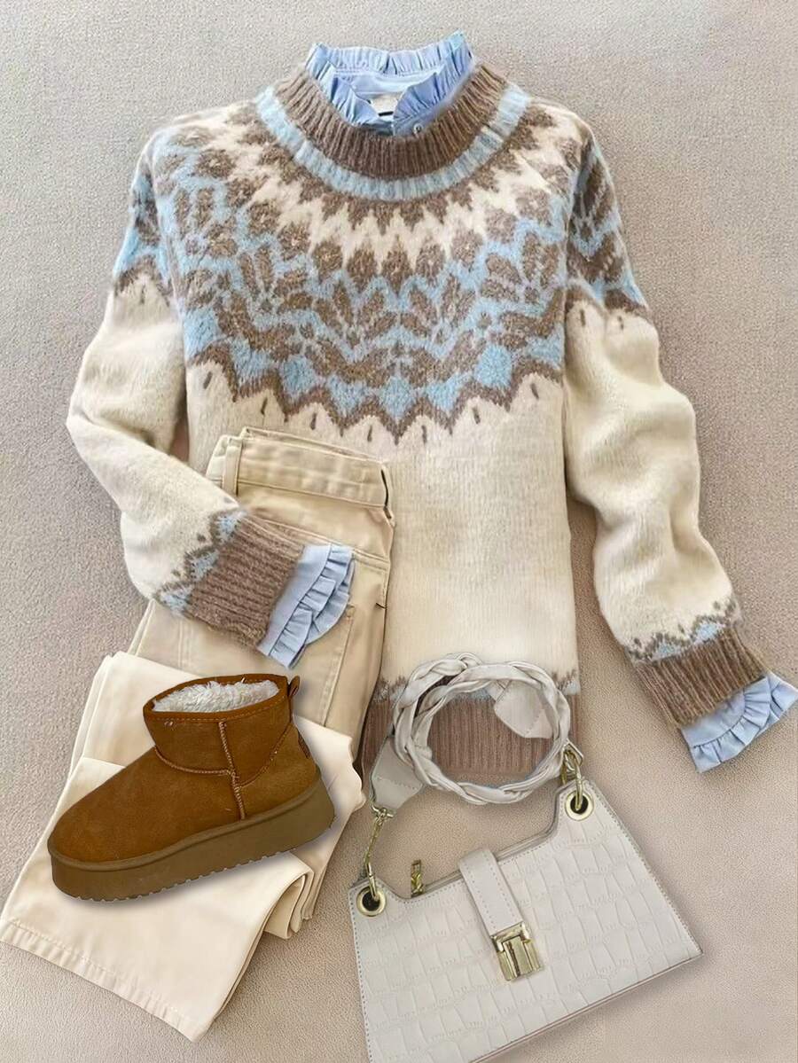 女士秋冬休闲宽松费尔岛图案百褶圆领长袖羊毛套头衫，女士秋装，女士冬装，秋季上衣，工作/办公室，商务休闲女装 - 杏色 - 查看 1