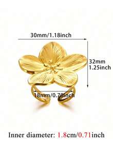 Elegant Big Bloom Flower Stainless Steel Ring, Conch Starfish Adjustable Open Rings For Women, 18K Gold-Plated Wedding Jewelry Aesthetic Beach Vacation Daily Wear Accessories Gifts - Stainless Steel - View 14