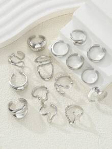15pcs Vintage Elegant Asymmetrical Twisted Design Chunky Ring Set, Suitable For Women's Daily, Vacation, Party, Wedding Wear, Stackable, Accessory For All Year Round - Silver - View 2