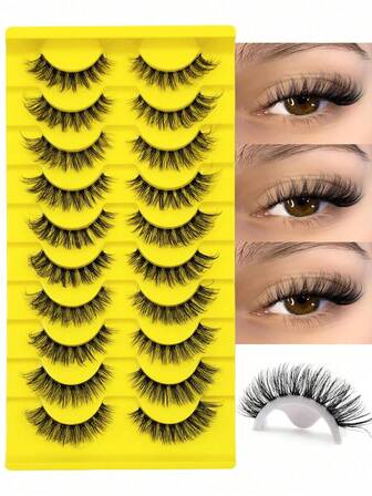 10 Pairs Naturally Soft False Eyelashes, Lightweight Design, 3D Curling, D-Type Curling, Transparent Tape Included