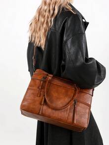1pc Women's Solid Color Retro Handbag, Large Capacity Tote Bag With Multiple Zipper Pockets, Waterproof PU Dual Top Handle Portable Outdoor Casual Business Versatile Shoulder Bag, Stitched Anti-Theft Crossbody Bag - Brown - View 10
