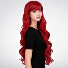 Peluca sintética roja larga y rizada de 28 pulgadas con flequillo, pieza completa para la cabeza de mujer - Rojo - Ver 7