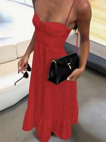 女士新款无袖系带优雅沙滩露肩宽松长裙，波西米亚性感露背休闲A字连衣裙，春夏秋季 - 紅色 - 查看 3