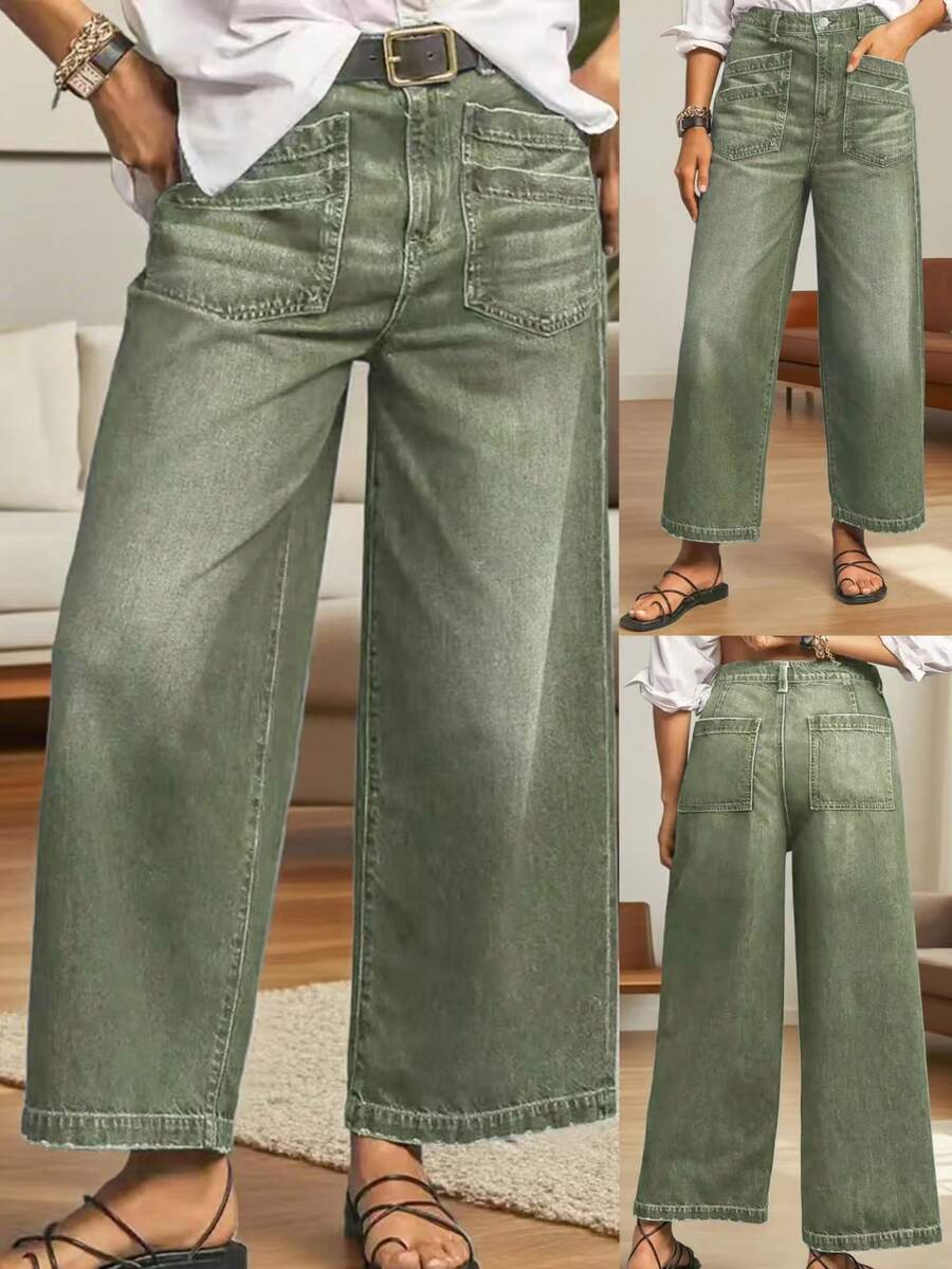 Quần jeans nữ dáng rộng, dài đến khuỷu tay (7/8), kiểu dáng thanh lịch, thời trang với túi hình thoi, thích hợp cho mùa xuân. - xanh quân đội - Xem 1