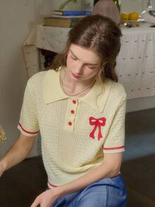 Simple Retro 女士春夏撞色3D花卉图案Polo领修身短袖上衣，优雅米色 - 米黃色 - 查看 6