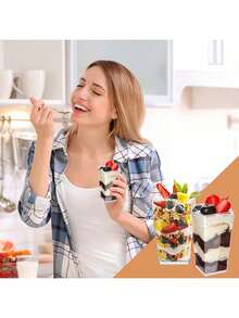 50/30/10个装迷你甜点杯，50个透明蛋糕杯（甜点小杯），适用于婚礼招待会、酸奶、意式奶冻、芝士蛋糕、布丁、果冻和开胃慕斯 - 透明 - 查看 4