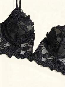 Christmas Lingerie Ladies' Charming, Sexy And Romantic Transparent Lace Set With Blue Flower Embroidery - màu đen - Xem 3