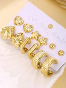 12pcs Golden Heart-Shaped Star C-Shaped Earring Set, Fashionable And Elegant, Suitable For Daily Wear, Parties And Events - Gold - View 2