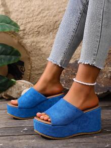 2025新款女士凉鞋，性感豹纹蝴蝶结厚底坡跟时尚凉鞋，女士时尚圆头套脚增高舒适凉鞋，春夏休闲、派对、日常必备，搭配连衣裙更佳 - 藍色 - 查看 8