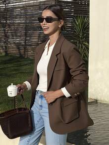 Livesso Women's Solid Color Turndown Collar Long Sleeve Casual Business Blazer,Fall Clothes - Coffee Brown - View 3