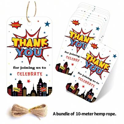 50个装超级英雄主题感谢礼品标签，配麻绳 - 纸质派对礼品标签，适用于生日、婚礼、新娘送礼会等场合，节日礼物悬挂标签及礼品包装