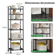 Estantería Flotante de 6 Niveles de Acero Inoxidable/Resina con Ruedas - Gris Oscuro/, Estante Multiusos de Almacenamiento, Altura Ajustable, Fácil Montaje, para Garaje, Despensa, Balcón - Unidad de Estantería Alta - Negro - Ver 2