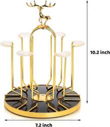 Soporte giratorio para secar vasos, con capacidad para 6 vasos, organizador antideslizante de acero para secar tazas, soporte para vasos de cristal con ganchos protectores de silicona, árbol secador de vasos para cocina, encimera. - Dorado - Ver 6