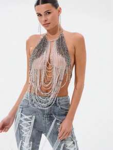 DEKUNER Collier de corps à perles multibrins pour femmes, couleur cristal argent-blanc, style élégant convenant pour les vacances, les occasions décontractées, les fêtes et autres événements - Argent - Voir 7