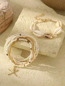 Women's Bohemian Style Starfish, Beach Shell And Rice Braid Bracelet, 7 Piece Set - Blanco - Ver 9