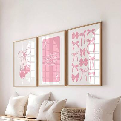 3 piezas Cuadros de arte de pared en acuarela con moño rosa, impresiones en lienzo, pinturas, póster decorativo de estilo preppy para dormitorio, sala de estar u oficina, decoración de habitación coqueta sin marco