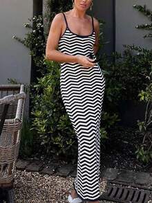 Frühling/Sommer Neu Schwarz & Weiß gestreiftes Kontrast-Farbstrick-Trägerkleid, figurbetontes, sexy rückenfreies, boho Musik-Festival-Urlaubs-leichtes Strickkleid, Neujahr - Schwarz und Weiss - Übersicht 7