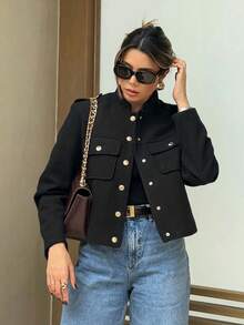 SHIBASHAN 女士复古单排扣酒红色长袖外套，带口袋，秋季休闲OL外套，黑色春季款 - 黑色 - 查看 1