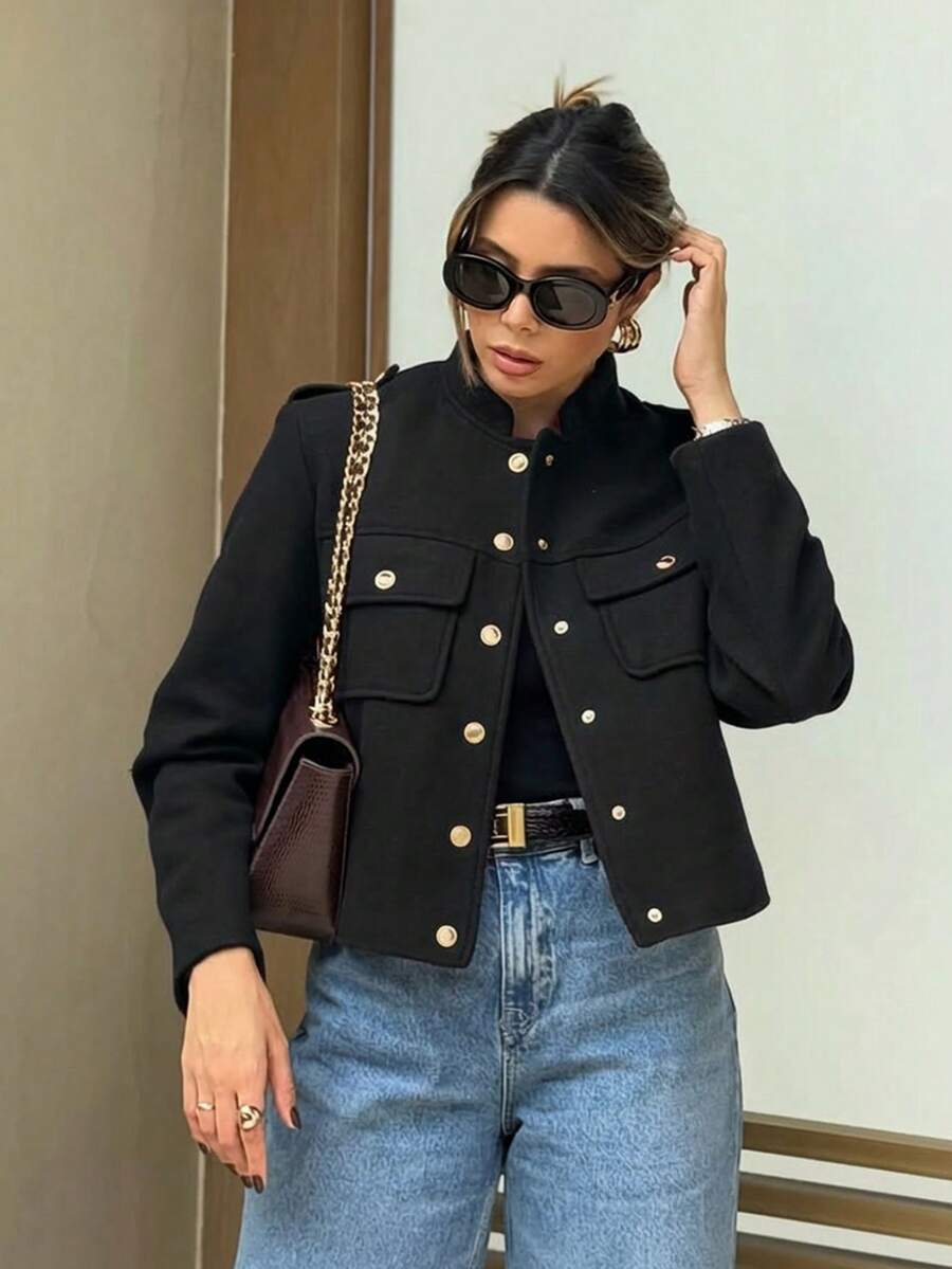 SHIBASHAN 女士复古单排扣酒红色长袖外套，带口袋，秋季休闲OL外套，黑色春季款 - 黑色 - 查看 1