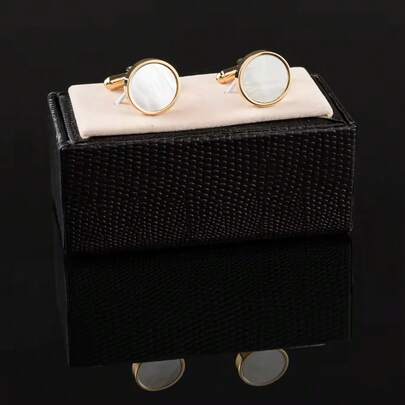 1 Pair Wedding Best Man Brass Material Round Shaped MOP Cufflinks Luxury Gold Plated White Pearl Cufflinks For Men