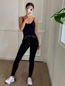 Livesso Women's Color-Block Stitching Slim Fit Denim Pants - Black - View 2