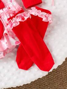 2件套女婴可爱爱心图案长袖连体衣+裤子+发带+腿套，秋冬款