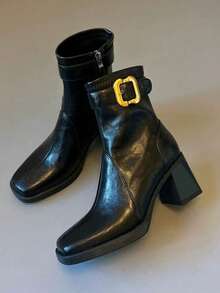 女士性感高跟过膝长靴，搭扣方头修身骑马靴，秋冬款 - 黑色 - 查看 3