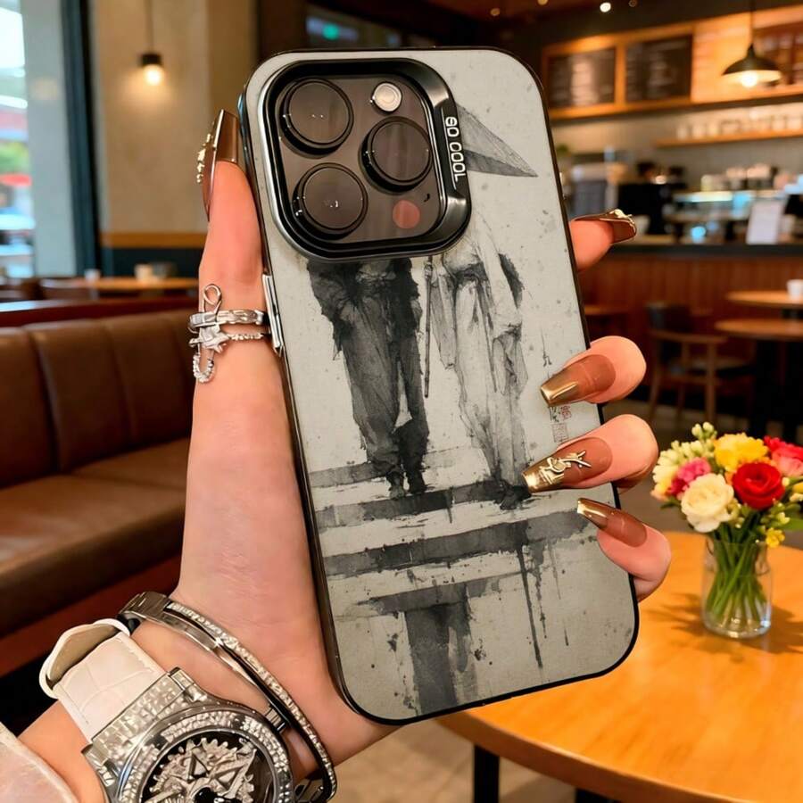 Cubierta de teléfono con diseño abstracto gris y negro para iPhone 14 Pro Max con texto 8000L estilo artístico para uso diario en cafeterías - Blanco - Ver 1