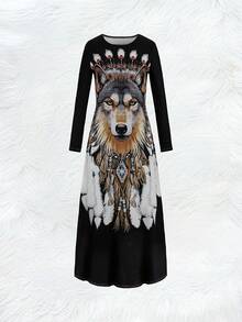 Women'S Wolf Head & Headdress  Print Maxi Dress - Elegant Wolf Face & Design With American-Inspired  Art, Round Neck Long Sleeve A-Line Dress For Spring/Fall, Casual To Formal Events, Spring Fashion, Fall Outfit, Fashion Lovers - 星星 - 查看 4