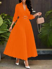 轻盈面料宽松纯色褶皱连衣裙，配腰带，复古风格女装，适合秋冬季节，优雅女士，返校节、婚礼、生日、教师装等场合。 - 橘色 - 查看 2