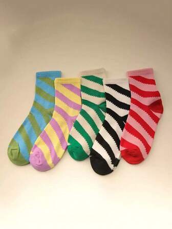5足入り レディース ストライプ パッチワーク ミドル丈ソックス、オールシーズン使える カジュアル ロングソックス、秋冬