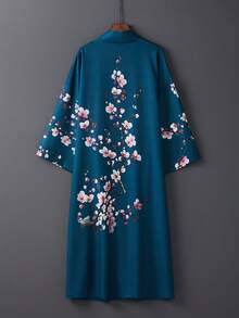European & American Retro Spring/Summer Commuting Floral Print Mid-Length Cover Up Outwear, Sexy Belted Kimono Robe