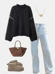 Women's Loose Handmade Color Block Drawstring Knit Sweater, Minimalist & Fashionable, Elegant Women's Apparel, Suitable For Everyday Wear, Autumn/Winter - Black - View 3