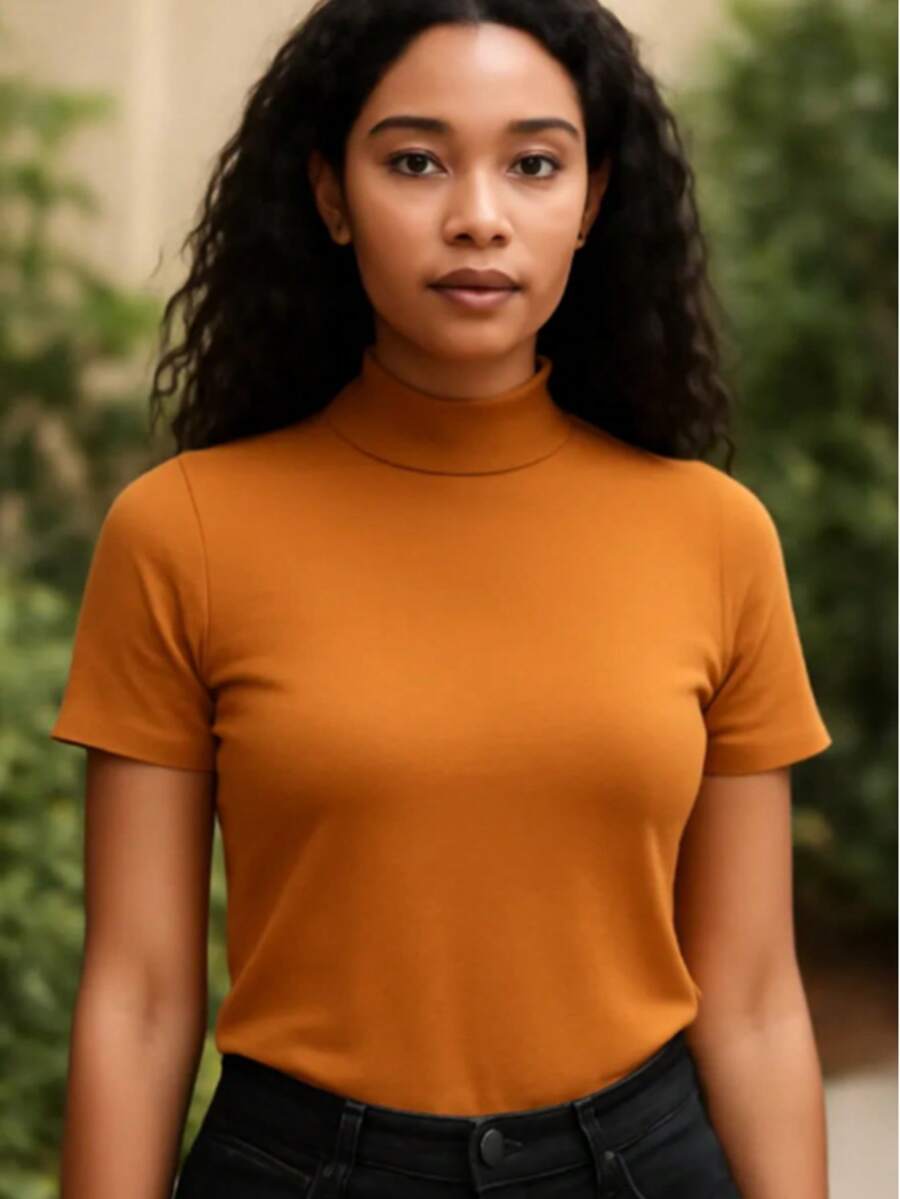 High-Neck, Short-Sleeved Cotton Knit Blouse - Camel - View 1