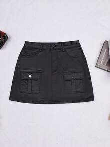 Apperloth A Flap Pocket PU Leather Bodycon Mini Cargo Skirt Punk Sexy Music Festival - Black - View 4