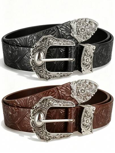 1条复古压纹西部风格牛仔腰带（女款），适合音乐节、夏季、秋季、万圣节及其他场合。