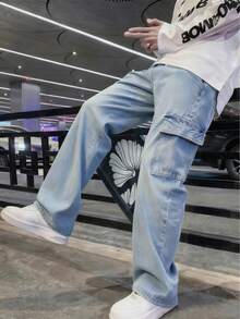 Men's Fashionable Casual Street Style Loose Fit Jeans - 淺色水洗藍 - 查看 1
