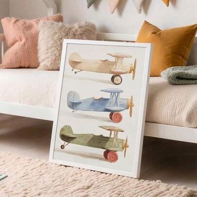 1幅带框/不带框复古飞机儿童房帆布海报，异想天开的玩具飞机冒险主题墙面艺术印刷品，简约儿童房装饰画，适用于婴儿房、游戏室、客厅、卧室、现代家居装饰
