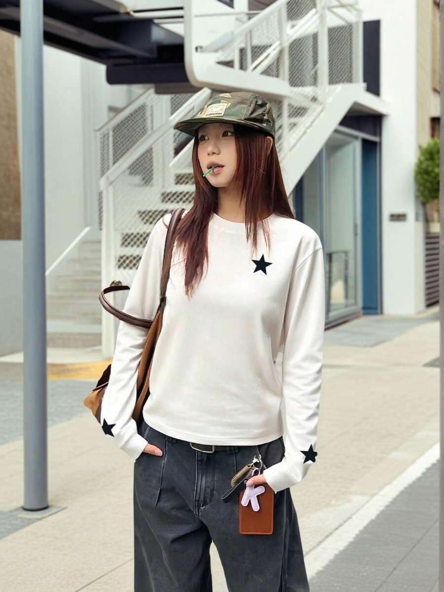 女式休闲卡通星星印花圆领修身短款长袖 T 恤，时尚百搭，春秋季 - 白色 - 查看 1